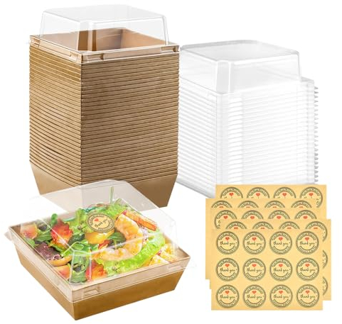 KARBAG 50Pcs Cake Slice Boxes with Clear Lids, 12CM Oil-Proof Paper Charcuterie Boxes with Stickers Brown Square Bakery Food Containers for Cake Slice, Sandwich