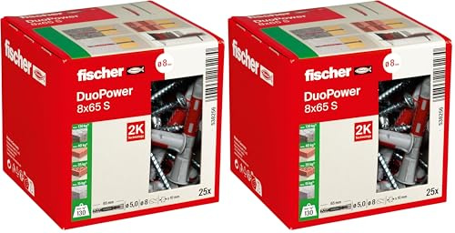 fischer DuoPower 8 x 65 S, Powerful Universal Plug with Safety Screw, Intelligent 2-Component Technology for fastenings in Concrete, Bricks, Stone, etc., 25 Plugs & 25 Screws (Pack of 2)