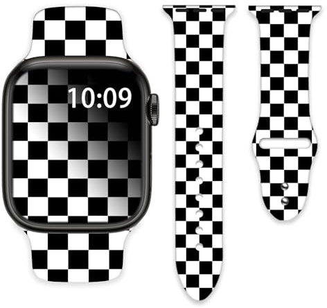Black and White Checkered Watch Bands Compatible with Apple Watch 42mm 44mm 45mm 49mm for Women Men Silicone Wristbands Strap Replacement for IWatch Series SE 8 7 6 5 4 3 2 1