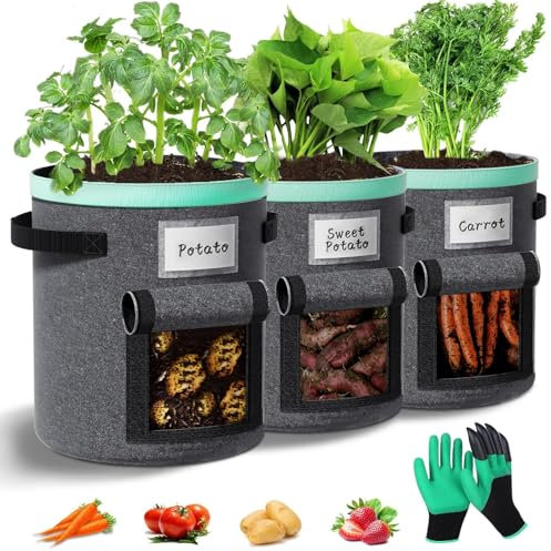 Paerduo Kartoffel Pflanzsack 27 Liter 3 Stück: Pflanzsäcke mit Griffen und Sichtfenster Kartoffelpflanzsäcke Kartoffelsack zum Pflanzen für Gemüse Blumen Früchte (grau, 7 Gallonen)