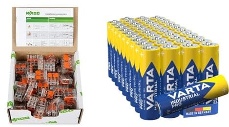 WAGO Quick Connect 221 Verbindungsklemmen Set mit Hebel 221-412, 221-413, 221-415 & VARTA Batterien AA, Industrial Pro, Alkaline Batterie, 1,5V