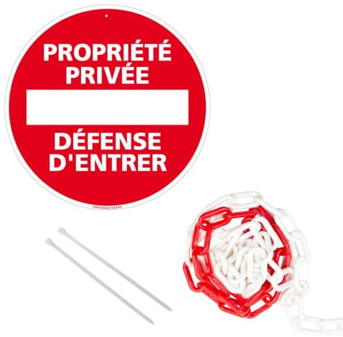 Signalétique.biz France - panneau rond en aluminium 300mm - Propriété privée défense d'entrer, avec chaîne plastique rouge et blanche 5m + colliers de serrage.
