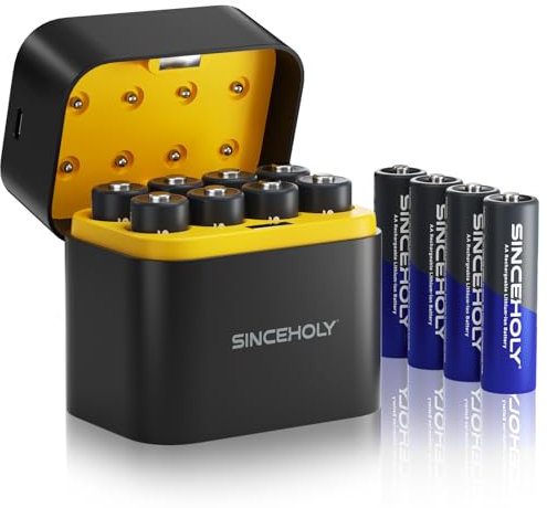 SinceHoly - 3600mWh 1.5V AA rechargeable lithium batteries with charger, 8 bay single battery charger with fast charging