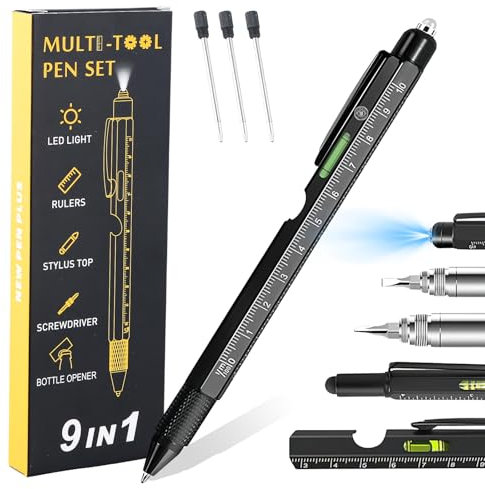 Stylo Multifonction 9 en 1, Cadeau Homme Rigolo et Utile, Gadget Insolite Personnalisé pour Cadeau Anniversaire, Papa (Noir)