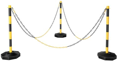 MEHOOSPVN Plastic Chain Barrier with Fillable Base, Free Standing Chain Link Barrier, Yellow & Black Safety Bollards, Street Stanchions Construction Safety Barrier, Portable Parking Pole with Chains