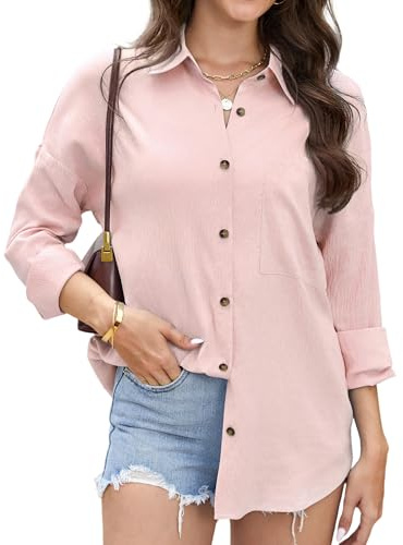 Stamain Camicie Donna Estiva Elegante Manica Lunga Blusa Casual Donna Rosa Chiaro Camicia Taglie Forti Misto Cotone e Poliestere Traspirante Antirughe Taglio Ampio Maglia con Taschino XXL