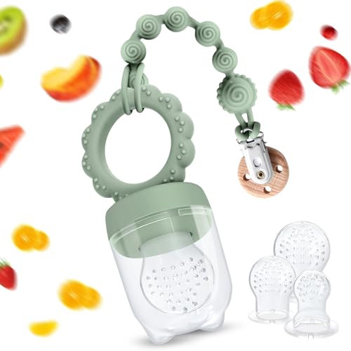 Mittimiya Fruchtsauger Baby, enhalt Nahrung Futterautomat & Schnullerkette, Silikon Sauger in 3 Größen, baby fruchtsauger ab 3 monate