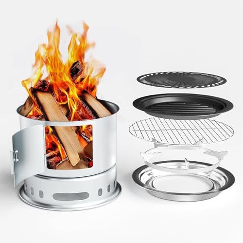GFTIME Estufa de leña portátil, estufa de cohetes para camping, con placa de parrilla, hornillo de camping para cocinar, calentar y asar, estufa de camping, estufa de leña para horno holandés