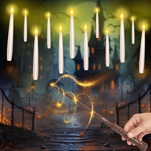 Aptliton Floating Candles with Wand Remote, Flickering Warm Light with 6H Timer, Battery Flameless Hanging LED Taper Magic Candles for Christmas Halloween Home Party Decorations (12pcs)