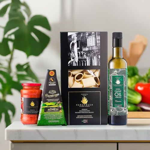 CARAVELLA FINE FOOD - Italian Gourmet Gifts - Premium selection of Artisan Paccheri Pasta, Olive oil EVO, Parmigiano Reggiano cheese, Bolognese Sauce - Christmas, Birthday, Anniversary Present Ideas