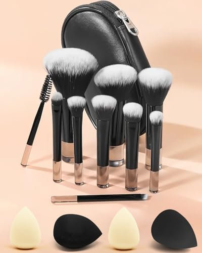 PGRODE Mini Travel Makeup Brushes Set, 14 Pieces, Portable Full Complete Function Cosmetic Kit with Brush Pouch, On the Go Short Makeup Brush Small Travel Essentials for Women, Girls (Black)