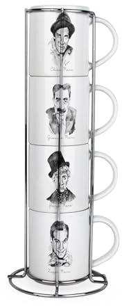 Purely Home Marx Brothers Stacking Mugs Set - Vintage Comedy Gifts for Marx Brother Fans - Set of 4 Ceramic Mugs Gift Set with Metal Stand