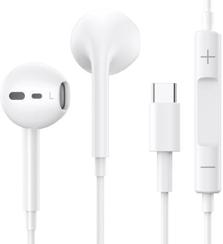 USB C Headphones for iPhone 16 15 Pro Max Earbuds with Microphone & Volume Control HiFi Stereo Type C Earphones for Galaxy S23/S22/S21/S20/Ultra Note 10/20, for iPad Pro Pixel 7/6/6a/5/4 One Plus 9 8