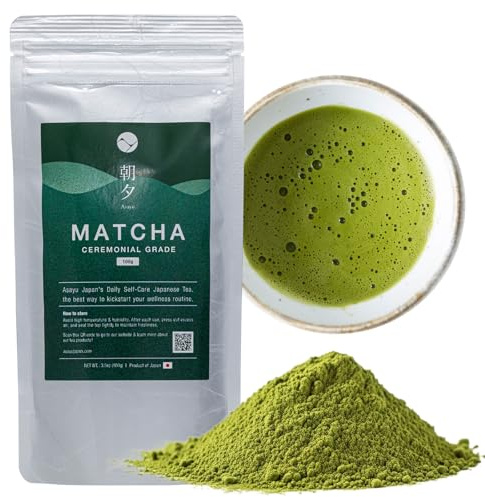Asayu Japan Polvere di Matcha Cerimoniale Premium - Tè Verde Giapponese Autentico per Cerimonia del Tè, Antiossidante Naturale, Energizzante (Busta (100g))
