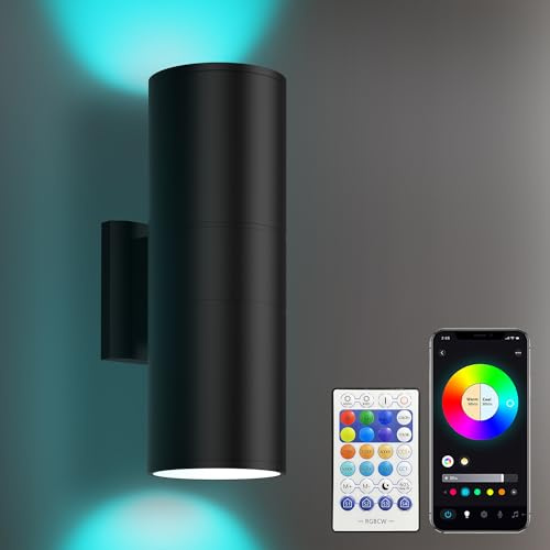 Smart Outdoor Wall Lights Mains Powered, RGBCW Up Down, IP66, Dimmable | RGBCW 16M Colours, 2700K-6500K Tunable, 1%-100% Dimmable, Music Sync, App & RF Remote, Voice Control, 50 Scene Modes