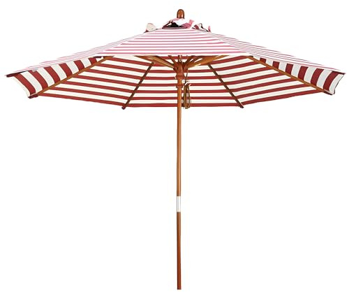 210 cm gestreifter Gartensonnenschirm, 270 cm Strandschirm, 38 mm Holzmast, 8 Streben, Sonnenschirm für den Außenbereich für Terrasse, Garten, Pool, rot-weiß gestreift (rot-weiß gestreift 27
