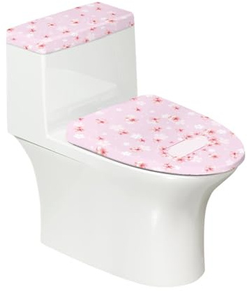 Lunette de Toilette Fleurs De Cerisiers Roses Ensemble de Housses pour WC avec Fond élastique et Housse Anti Poussière Couvercle de Réservoir de Toilette Deco Salle de Bain (4 pièces)