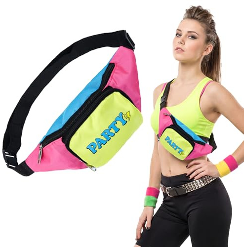 Kitimi Bauchtasche 80er Jahre Outfit Damen,Bunte Neon Doppeltaschen Bauchtasche Festival Mit Verstellbaren Schultergurten MetallreißVerschluss,Unisex GüRteltasche FüR Party Karneval Outdoor