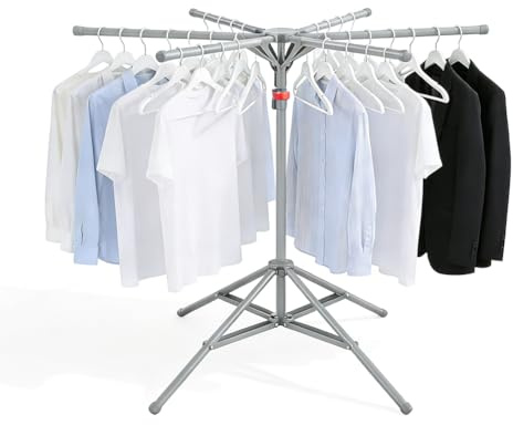 Standtrockner Wäscheständer Hoch Klappbar mit 6 Flügeln, Wäschespinne Ständer, Wäschetrockner Höhenverstellbar von 120-170 cm, Kohlenstoffstahl Faltbarer Kleiderbügel für Drinnen & Draußen (Grau)