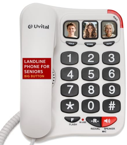 Uvital Big Button Phone for Seniors, White Senior Phone for Elderly Landline, Black Big Buttons Corded Landline Telephone for Home, Corded Landline Phones for Home, Loud Speaker | One-Touch Dial