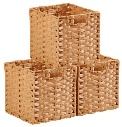 SOCOHOME Aufbewahrungskorb, 31x31x31cm Aufbewahrungsboxen aus Polypropylene und Metallstreifenfür Vorratskammer, Schrank, Spielzeugschrank, Wasserdicht, Nicht Schimmelig(3 Stück,Beige)