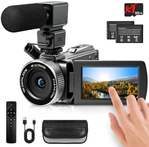 Rawiemy Videocamera Full HD 4K 48MP Vlogging Camera per YouTube Digital Camera Recorder Videocamera per riprese con 3 pollici Touch Screen, 2 batterie e scheda SD 32G