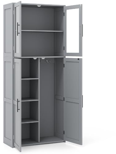 GiantexUK Tall Kitchen Cupboard, 168cm Freestanding Storage Cabinet with Tempered Glass Doors & Adjustable Shelf, Wooden Utility Cabinet for Dining Living Room Bathroom (Grey)