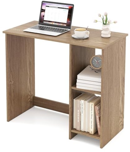 SFAREST Wooden Computer Desk with 2/3 Tier Bookshelf, 80/90CM Compact Laptop Table with 2 Compartments, PC Study Writing Workstation for Home Office(Natural,80x40x74cm)