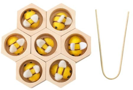 Wood Beehive Toy Sorting Stacking Wooden Toy, Preschool Montessori Clamp Bee to Beehive Matching Game for Girls, yellow
