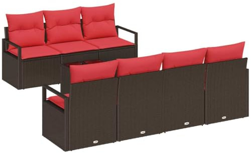 vidaXL Sofa Set mit Kissen 8 pcs Braun und Rot Poly Rattan, Elegantes Gartensofa-Set, Moderne Loungemöbel, wetterfestes Rattan, stilvolle und praktische Sitzlösungen