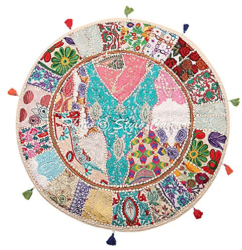Stylo Culture Ethnisch Dekorativ Rund Bodensitzkissen 80x80 cm Groß Bodenkissen Vintage Weiß Boho Patchwork Seat Lounge Baumwolle Bestickt Rundkissen Orientalisch