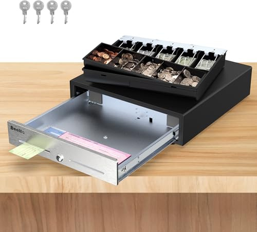 Beelta 16 Cash Drawer for Small Business - Stainless Steel Front Panel, Removable Cash Tray, Electronic Cash Box, 5Bill/5Coin, RJ11/12 Cable Cashier Register