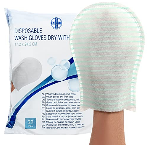 AIESI® Gants de toilette jetables avec savon haute qualité imperméable avec éponge douce (Paquet de 20 pièces), Délicatement parfumé, Sans rinçage
