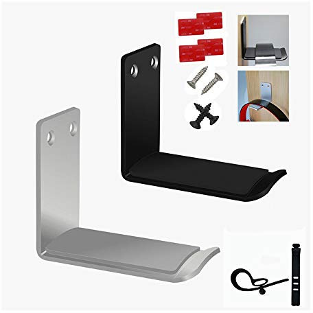 MeetRade Headphone Stand Holder Stick-On Adhesive Hooks Under-Desk Earphone Stand Headset Hanger Mount 2 Pack Aluminum Wallmount Hook Clamp with 10 Cable Cord Headphone Desk Hanger (Silver+Black)