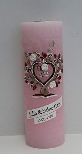 Hochzeitskerzen XXL Rustic Vintage Rosa mit Teelichteinsatz 30 x 10 DREI Rosen Baum mit Namensverzierung und Geschenkkarton