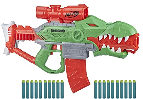NERF DinoSquad Rex-Rampage Motorized Dart Blaster, 10-Dart Clip, 20 Official Darts, 10-Dart Storage- T-Rex Dinosaur Design