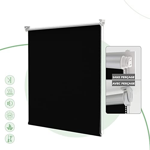 HOMEDEMO Store Enrouleur Occultant Isolant Thermique Opaque, Rideau, Fixation avec ou sans Perçage, 45 x 130 cm (Largeur du Tissu 41 cm), Noir