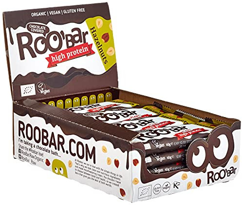 Roobar Barra de Avellana Rica en Proteínas Cubierta de Chocolate - Barra vegana 100% orgánica para una nutrición óptima. Sin lácteos ni gluten, sin azúcar refinado añadido, barras de 16 x 40 g