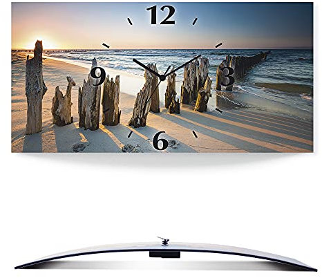 ARTLAND Wanddeko Wanduhr ohne Tickgeräusche Alu Quarzuhr lautlos 60x30 cm Rechteckig Strandbilder Meer Sonnenuntergang Strand Maritim U1UI