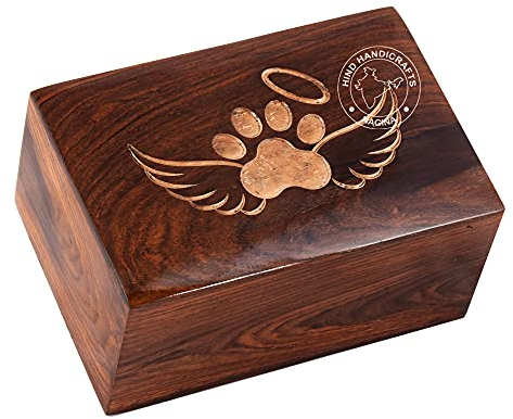 Hind Handicrafts Haustierurne mit Pfotengravur aus Palisander für Hunde und Katzen, Gedenkurne für Asche, Foto-Holzbox, Feuerbestattungsurne (45 Kubikin), Engelsflügel – Weiß