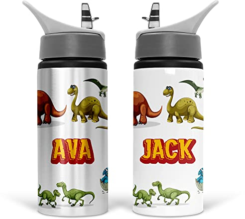 Personalised Dinosaur Water Bottle for Kids – 600ml Aluminium Bottle with Flip-Up Lid and Straw – Leakproof & Spillproof Design – Ideal for School, Sports, Hiking, or Travel – Add Custom Name