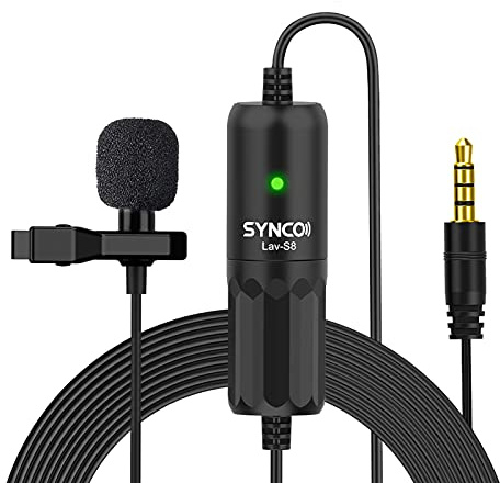 SYNCO Lav-S8 Lavalier-Mikrofon omnidirektionales Ansteckmikrofon Rauschunterdrückung Auto-Pairing 8 m langes Kabel für DSLR-Kamera Smartphone PC Laptop Vlogging Interview Online-Meeting