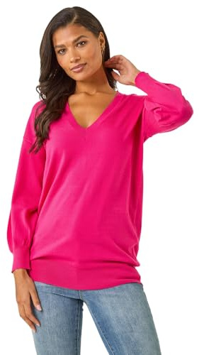 Roman Originals V-Neck Jumper for Women UK Ladies Boyfriend Fit Slouch Sweater Winter Autumn Textured Casual Flattering Knit Pullover Knitwear Daywear Lightweight Lounge - Fuchsia - Size 22