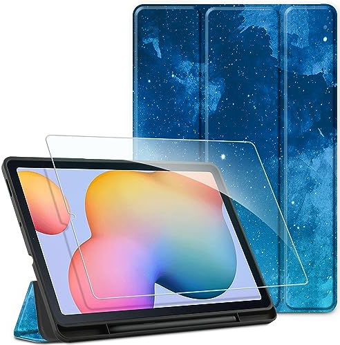 EasyAcc Custodia Cover Compatibile con Samsung Galaxy Tab S6 Lite 10.4 Pollici 2024/2022/2020 SM-P610N/P615N con Vetro Temperato-Ultra Sottile con Cover Leggero Supporto in Pelle PU Case,stella blu
