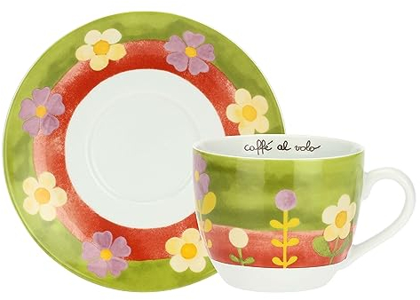 THUN, Tazza Jumbo con Piattino in Porcellana Decorata a Mano con Motivi Floreali, Linea Florianne, Capienza 400 ml, Piattino Ø 18 cm