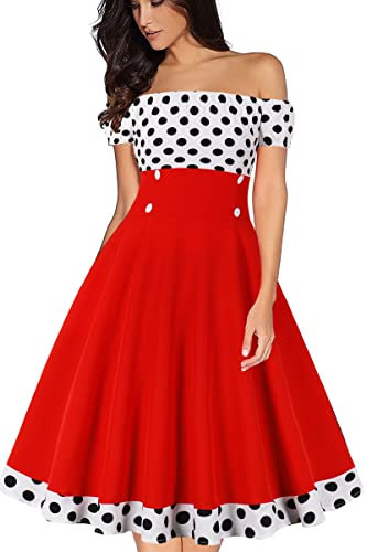 AXOE Femme Robe Années 50 Rockabilly Vintage Pin up Manches Courtes pour Ete Guinguette Rouge à Pois Noir, Taille 38, S