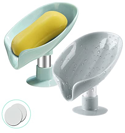 2 Stück Seifenschale mit Abfluss, Klingenform, Seifenhalter mit Saugnapf, Leicht zu Reinigen, Selbstentleerend, Hält Die Seife Trocken, für Bad, Dusche, Küchenspüle (Grün + Grau)
