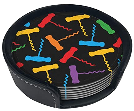 Colorful Corkscrews Seamless Pattern Drinks Coasters with Holder Set of 6 Round Pu Leather Cups Mat Pad Tabletop Protection Mat for Home Kitchen Office Decor
