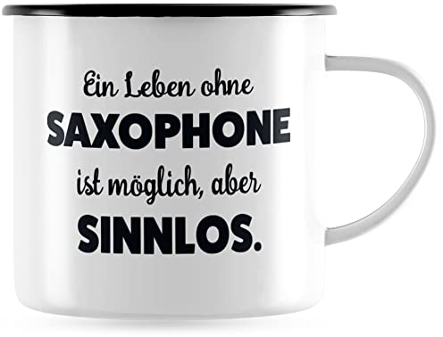 JUNIWORDS Emaille-Tasse, Ein Leben ohne Saxophone ist möglich, aber sinnlos, Schwarzer Tassenrand (1009828)