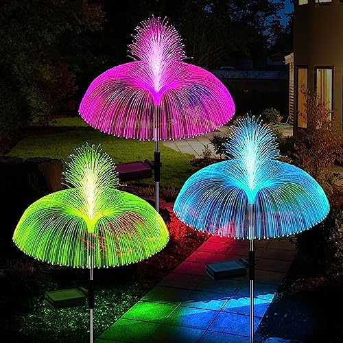 Beedove Luces Solares LED Exterior Jardin, 3 piezas Medusa de fibra óptica que cambian de color, IP65 Resistentes al Agua, Luces solares para jardín para Exterior Caminos Piscina Césped Decorativa